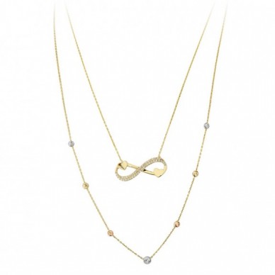 Çift Zincir Kalpli Sonsuzluk 14K Altın Kolye