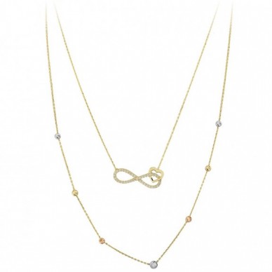 Çift Zincir Kalpli Sonsuzluk 14K Altın Kolye