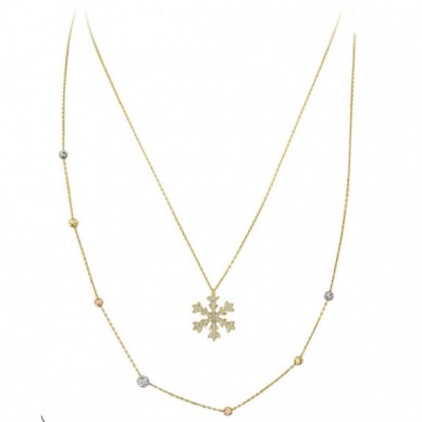 Çift Zincir Kar Tanesi 14K Altın Kolye
