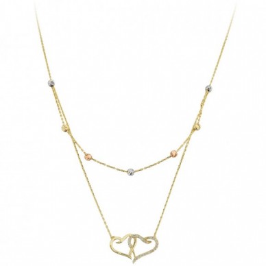 Çift Zincir Kalp Kalbe Karşı 14K Altın Kolye