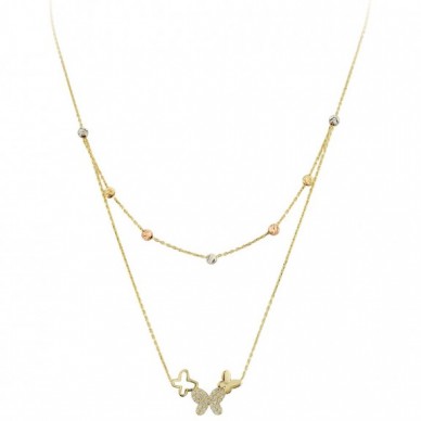 Çift Zincir Çoklu Kelebek 14K Altın Kolye