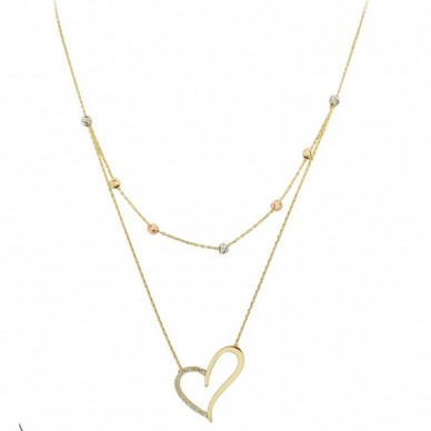 Çift Zincir Asimetrik Kalp 14K Altın Kolye