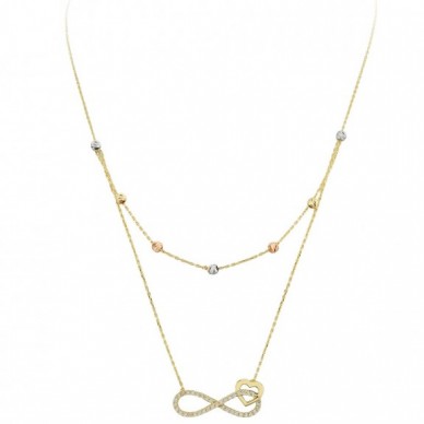 Çift Zincir İç İçe Kalp Sonsuzluk 14K Altın Kolye