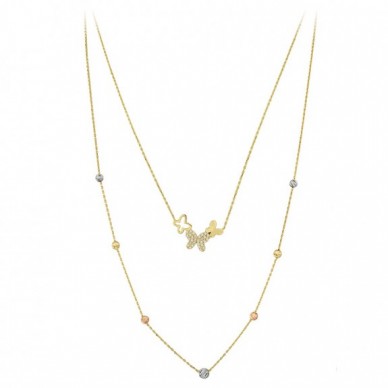 Çift Zincir Çoklu Kelebek 14K Altın Kolye