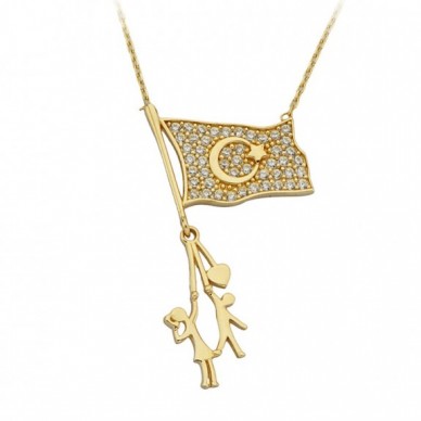 Bayrak Tutan Çocuk 14K Altın Kolye