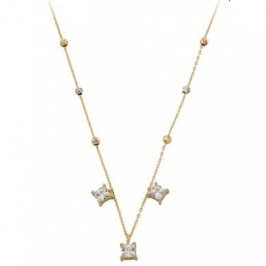 Kare Taşlı Renkli Dorika Toplu 14K Altın Kolye