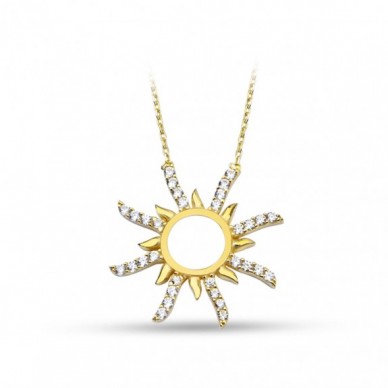 Taşlı Alaca Güneş 14K Altın Kolye