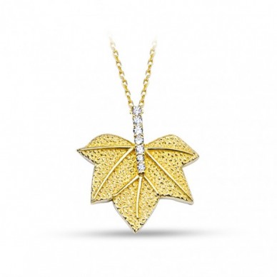 Dokulu Çınar Yaprağı 14K Altın Kolye