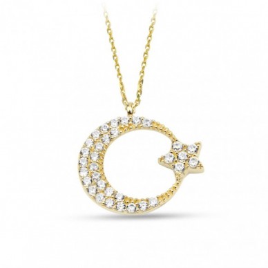 Taşlı Ay Yıldız 14K Altın Kolye