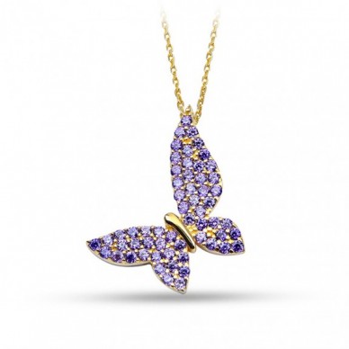 Ametist Taşlı Kelebek 14K Altın Kolye