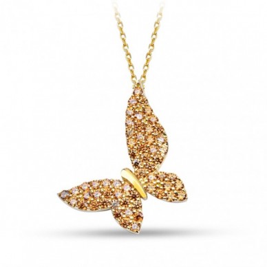Şampanya Taşlı Kelebek 14K Altın Kolye