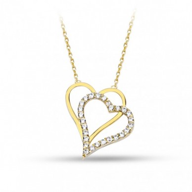 İkili Kalp 14K Altın Kolye