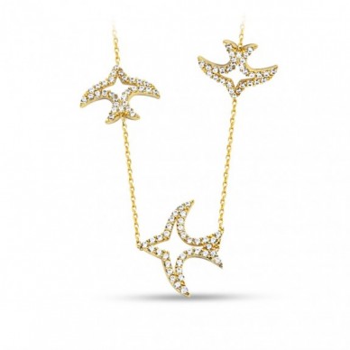 Taşlı Dizili Kırlangıç 14K Altın Kolye