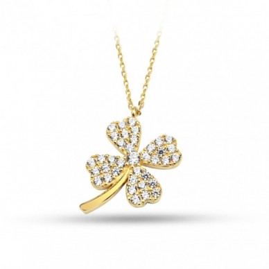Dört Yapraklı Taşlı Yonca 14K Altın Kolye