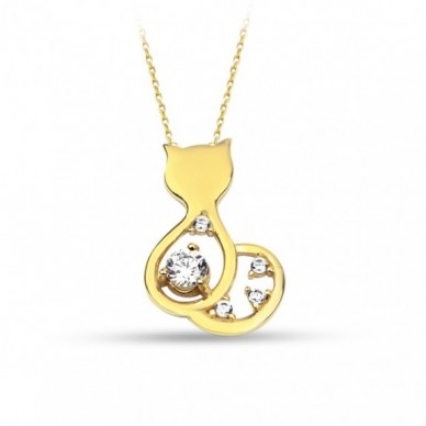 Taşlı Kedi 14K Altın Kolye