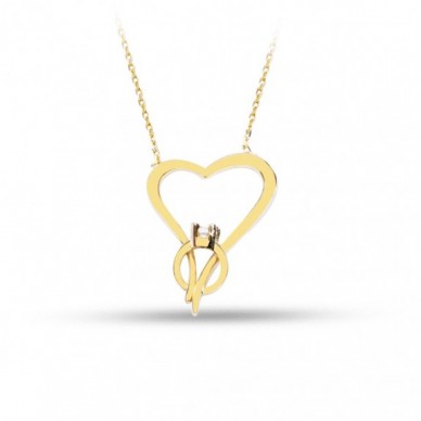 Tek Taş Yüzüklü Kalp 14K Altın Kolye