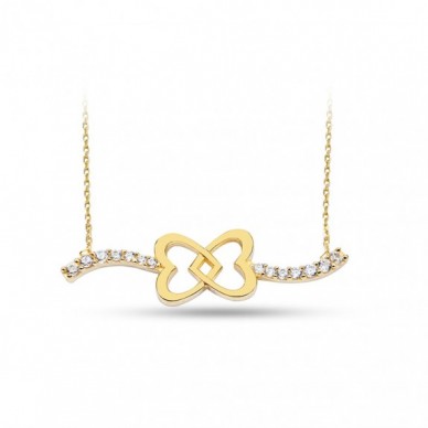 Kelebek Motifli İç İçe Kalp 14K Altın Kolye