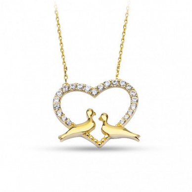 Aşık Kuşlar Kalp 14K Altın Kolye