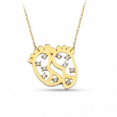 Taşlı Ayak İzi 14K Altın Kolye