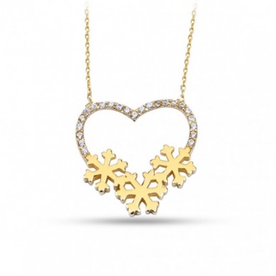 Kar Taneli Kalp 14K Altın Kolye