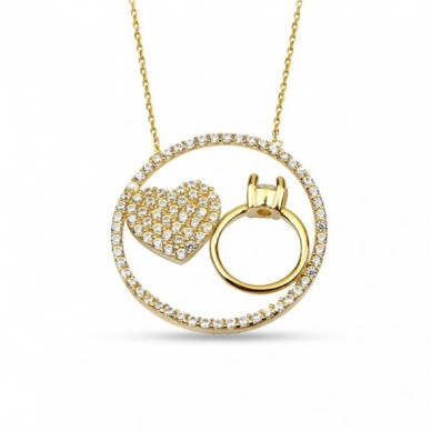 Kalp Tek Taş Çember 14K Altın Kolye