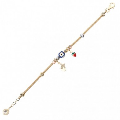 Çilek ve Kelebek Figürlü Nazar 14K Altın Çocuk Bileklik