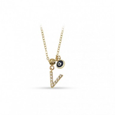 Nazar Boncuklu Mini V Harf 14K Altın Kolye
