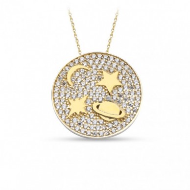 Uzay Temalı Geometrik 14K Altın Kolye