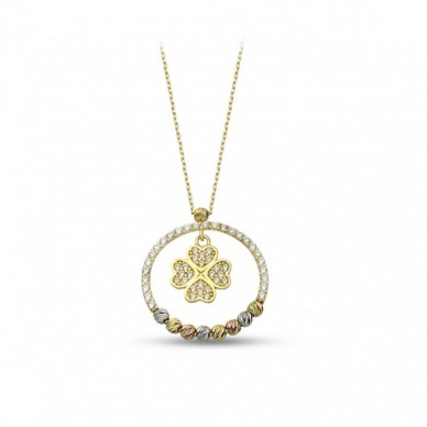 Dorika Toplu Dört Yapraklı Yonca Sallantılı 14K Altın Kolye