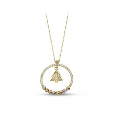Çam Ağacı Sallantılı Dorika Toplu Çember 14K Altın Kolye
