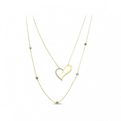 Çift Zincir Asimetrik Kalp 14K Altın Kolye