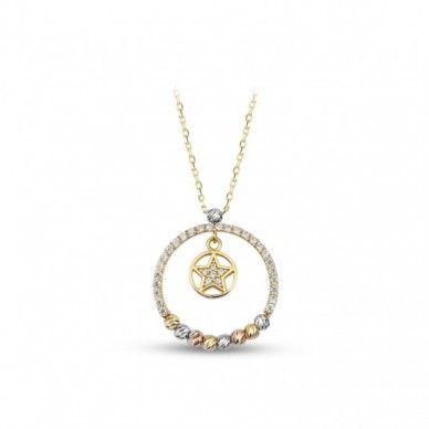 Yıldız Figürlü Sallantılı Dorika Toplu 14K Çember Altın Kolye