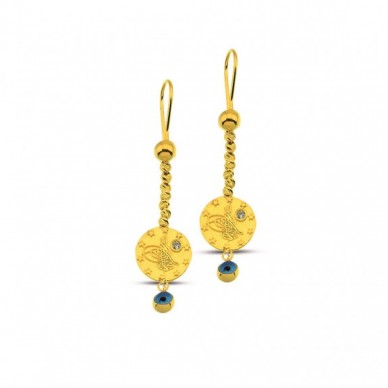 Sallantılı Nazar Boncuğu Tuğra 14K Altın Küpe