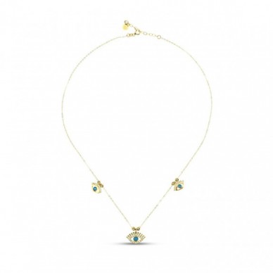 Firuze Taşlı Dorika Toplu Üçlü Göz 14K Altın Kolye