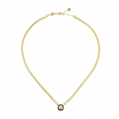 Siyah Mineli Ezme Yassı Zincirli Geometrik 14K Altın Kolye