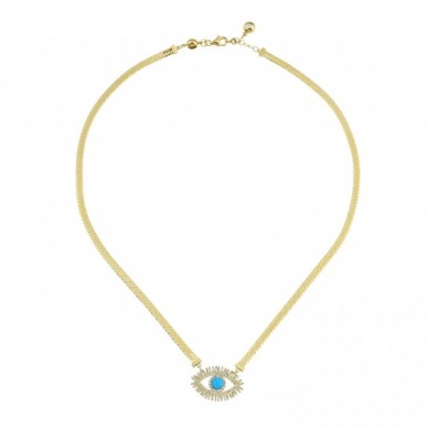 Ezme Zincirli Firuze Taşlı Bagetli Göz - Kirpik 14K Altın Kolye