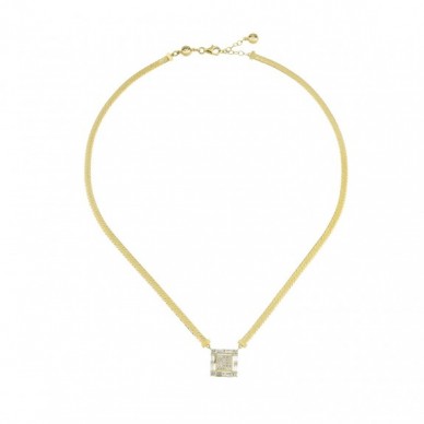 Baget Taşlı Yassı Ezme Zincirli Kare 14K Altın Kolye