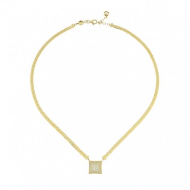 Kare Figürlü Kalın Zincirli Transparan Taş Dizilimli 14K Altın Kolye