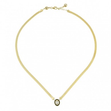 Siyah Mineli Geometrik Oval Taşlı 14K Altın Kolye