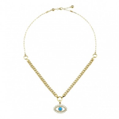 Yaprak Zincirli Firuze Taşlı Göz - Kirpik Sallantılı 14K Altın Kolye