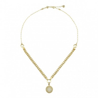 Kalın Zincirli Geometrik Daire Sallantılı 14K Altın Kolye