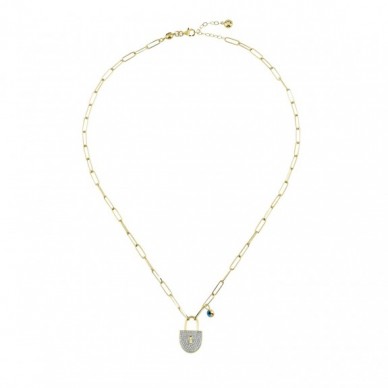 Göz Boncuklu Beyaz Taşlı Kilit Zincir 14K Altın Kolye