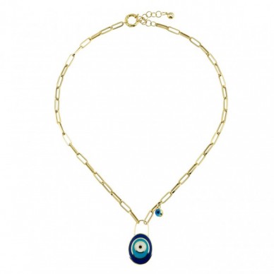 Ataş Zincirli Oval Lacivert Turkuaz Mineli Nazar Boncuklu 14K Altın Kolye