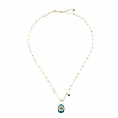 Turkuaz Simli Mineli Göz Boncuklu Oval Nazar 14K Altın Kolye