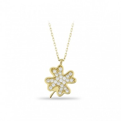 Mini Taşlı Yonca 14K Altın Kolye