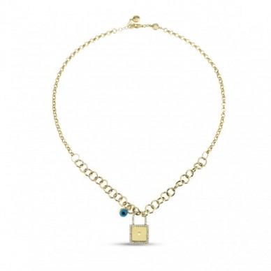 Halka Zincirli Göz Boncuklu Kilit 14K Altın Kolye