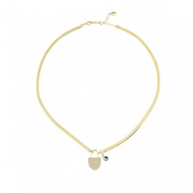 Yassı Zincirli Göz Boncuklu Asma Kilit 14K Altın Kolye