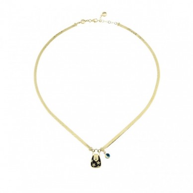 Yıldız Motifli Yassı Zincirli Göz Boncuklu Mineli Çanta 14K Altın Kolye