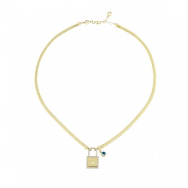 Yassı Ezme Zincirli Göz Boncuklu Taşlı Kilit 14K Altın Kolye