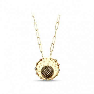 Bombeli Daire Motifli Ataş Zincirli Dorika Tasarım 14K Altın Kolye